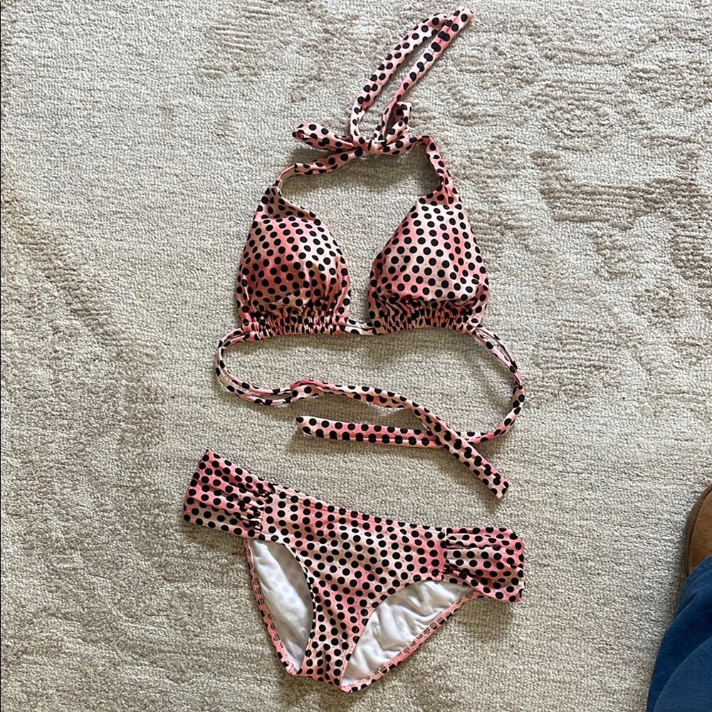 Luli Fama Pink and Black Polka Dot Bikini Top sz X-Large & bottoms sz Small
